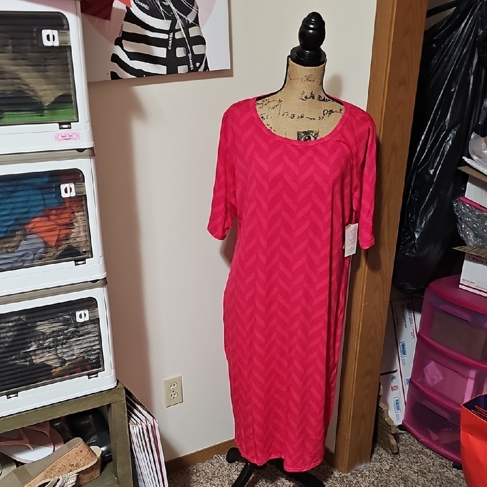 LuLaRoe Julia Pink And Red Chevron Midi Dress. Nwt 3x